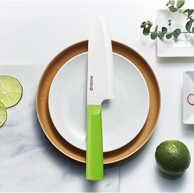 Kyocera INNOVATIONwhite 5.5" Ceramic Santoku Knife - White Z212 Blade with Non-Slip Green Handle