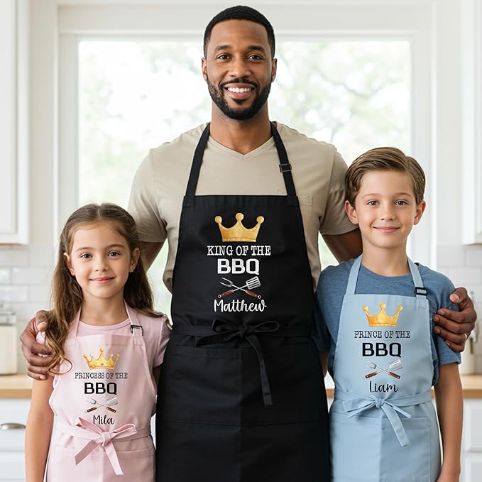 Personalized Matching Aprons for Toddler and Adults, BBQ Aprons for Dad, Grandpa, Husband, Son, Daughter, Prince of the BBQ, King of the BBQ, Father and Son Gifts for Christmas, Princess Grill