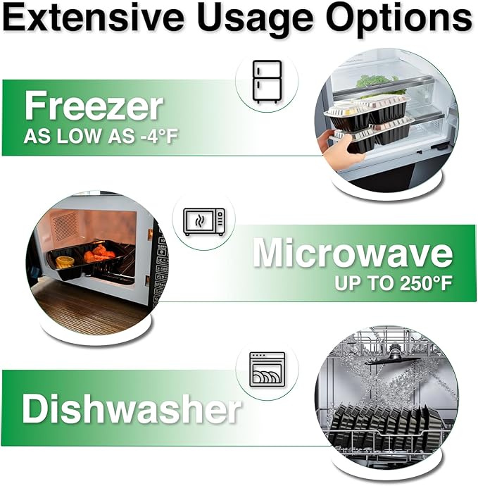 Meal Prep Containers 2 Compartment 15 Pack, 28 oz Divided Reusable Food Storage Containers with Lids Takeout Food Storage Containers Black, Microwave Dishwasher Freezer Safe, Stackable, BPA Free