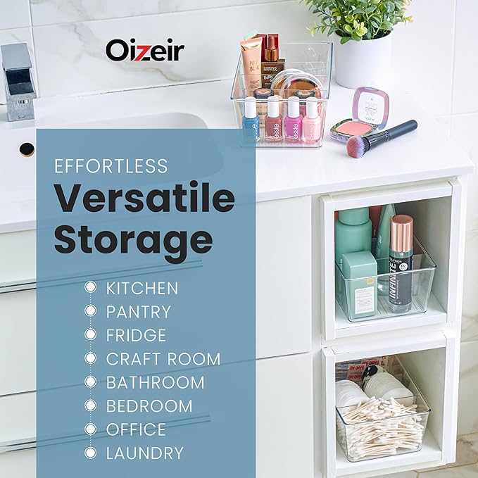 Oizeir Clear Pantry Organizer Bins 8-Pack - Fridge Organizer with 3 Removable Dividers, Ideal for Kitchen, Pantry, Refrigerator, Freezer, and Snack Storage