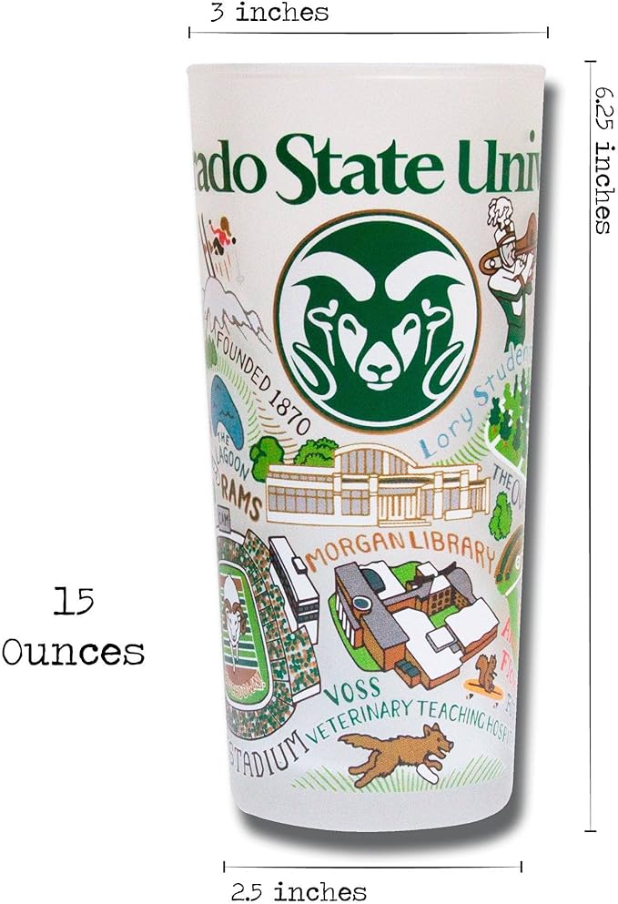 Catstudio Drinking Glass, Colorado State University Glass Cup for Kitchen, 15oz Dishwasher Safe Tumbler for CSU Alumni