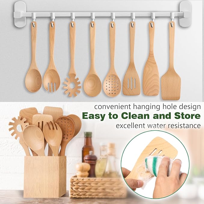 Wooden Spoons for Cooking, 8-Piece Natural Beech Wood Cooking Utensils Set – Wooden Kitchen Utensils Set, Nonstick Safe Non-Toxic Wooden Cooking Tools by HOWHONG