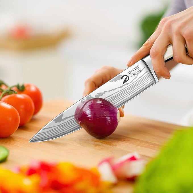 Dfito Chef Knife Set with Roll Bag, 9 Piece Professional Stainless Steel Japanese Kitchen Knife Set with Ergonomic Handle for Professional Chef, Dishwasher Safe, Camping, Travel, BBQ, RV or Gift Beige