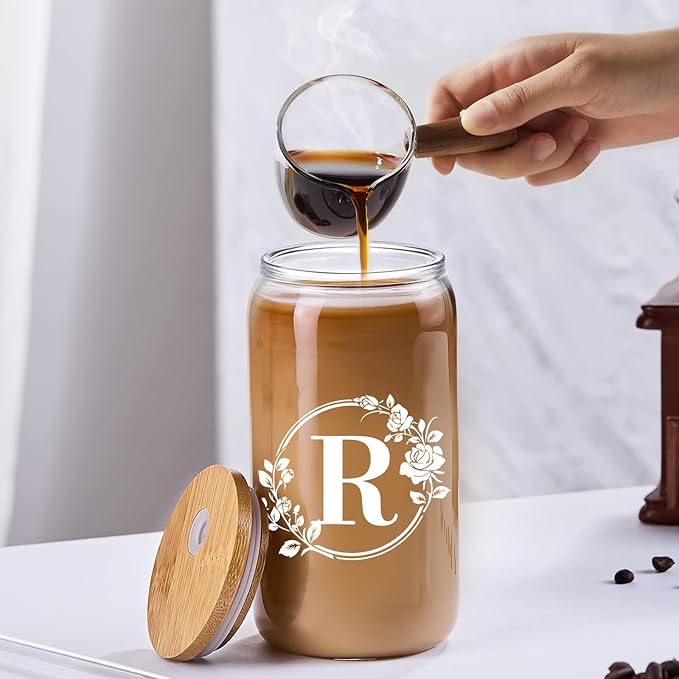 Birthday Gifts for Women, Monogrammed Initial Glass Cup Personalized Gifts for Women, 16oz Glass Cups with Lids and Straws, Iced Coffee Cup, Beer Can Shaped Glass - Gifts for Christmas, Birthday, R