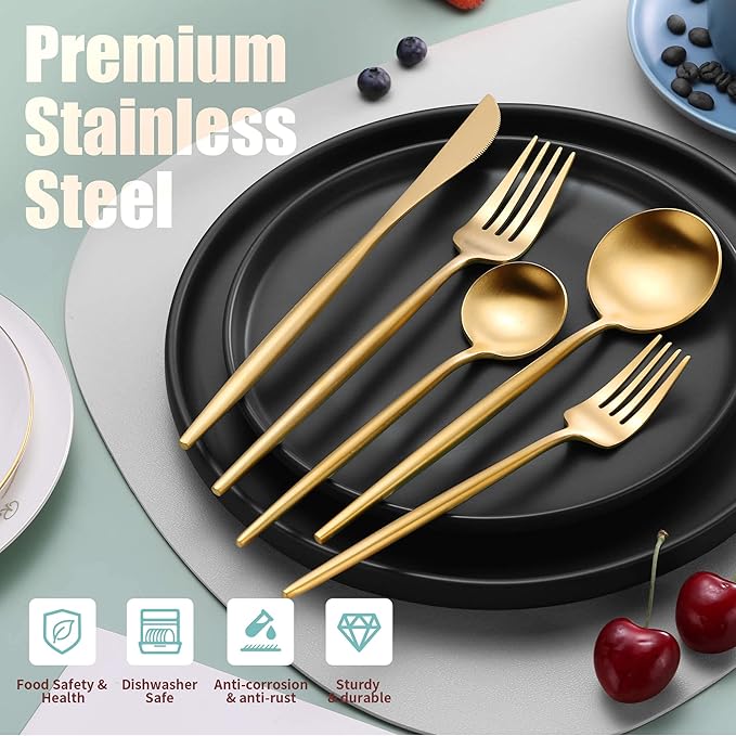 Lemeya Matte Gold Silverware Set for 4,Modern Stainless Steel Brushed Cutlery Set,20-Pieces Heavy Duty Flatware Set,Knives Spoons and Forks Set Utensils Set, Satin Finish, Dishwasher Safe