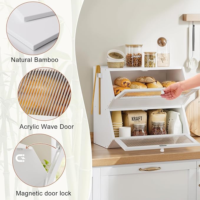 WOWLIVE Double Layer Bread Box for Kitchen Countertop, Large Bamboo Bread Storage Container for Homemade Bread, Farmhouse Bread Holder for Kitchen Counter Cabinet, Pantry, (White, Extra Large)