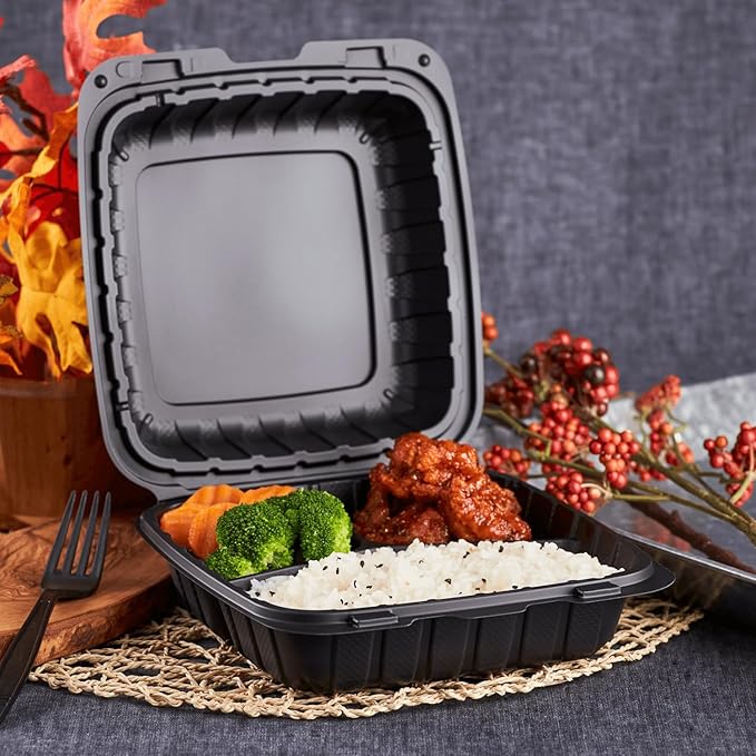 KARAT EARTH Clamshell Take Out Food Containers [8"x8" - 200 ct] To Go Containers | 3 Compartment, Soak-Resistant, Durable, Stackable | Vented for Hot/Cold Foods, Black