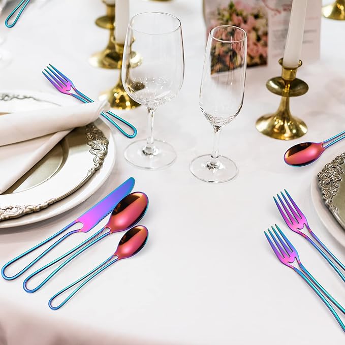 A·HOUSEWARE Iridescent Silverware Hollow Design 20 Piece Stainless Steel Flatware Set of 4 include Forks Spoons Knives Rainbow Utensils Color for Restaurant Parties Durable