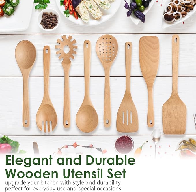 Wooden Spoons for Cooking, 8-Piece Natural Beech Wood Cooking Utensils Set – Wooden Kitchen Utensils Set, Nonstick Safe Non-Toxic Wooden Cooking Tools by HOWHONG