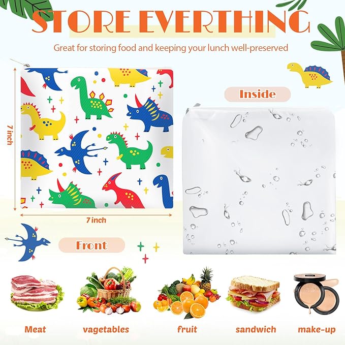 Chumia 6 Pcs Reusable Snack Bags Christmas Gifts Food Safety Washable Snack Bags Lunch with Zipper Portable Sandwich Bag Food Storage Pouch Double Layer(Dinosaur,7 x 7 Inches)