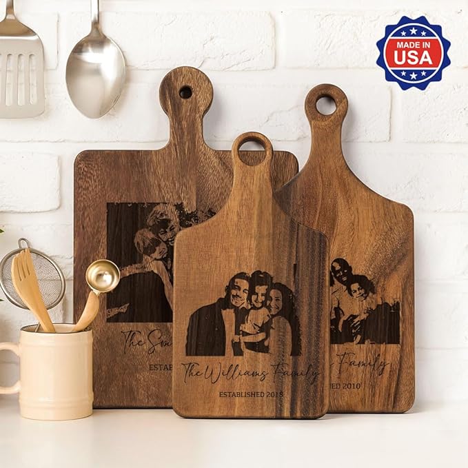 Personalized Wooden Engraved Cutting Boards with Handle, Custom Reversible Monogrammed Cheese Board S M L, Housewarming Wedding Gift for Family or Couple (Photo)
