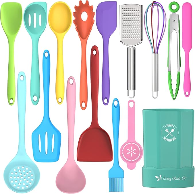 Silicone Kitchen Utensils Set, 16-Piece Silicone Cooking Utensils by Deedro, Heat Resistant Kitchen Tools Set with Holder, Nonstick Spatula Kitchen Gadgets for Cooking & Baking, Colorful
