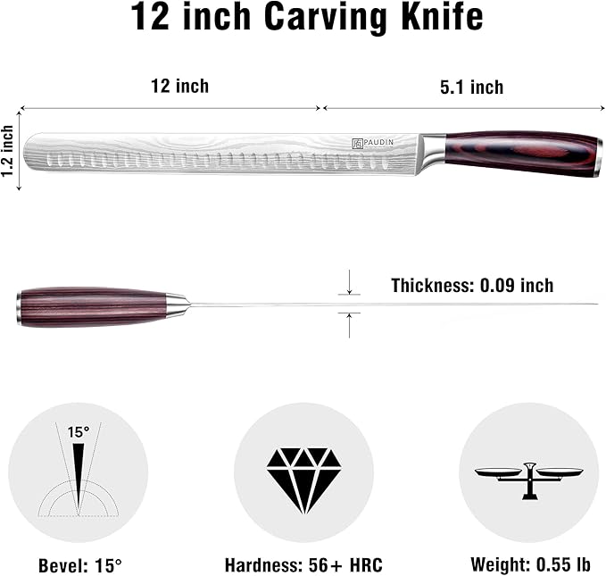 PAUDIN Brisket Knife, 12 Inch Carving Knife Stainless Steel Brisket Slicing Knifes with Granton Edge for Meat Cutting, Roasts, BBQ, Turkey