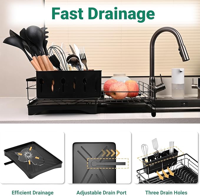 Expandable Over Sink Dish Drying Rack – Foldable Stainless Steel Kitchen Organizer with Utensil Holder, Space-Saving & Rustproof (Black)