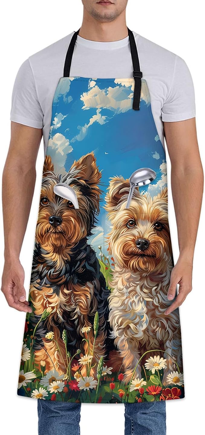 Cute Yorkshire Terrier Dog Apron, Adjustable Kitchen Charming Floral Aprons with Pockets for Cooking BBQ Gardening, 28×33 IN, Holiday Gifts for Women Men Wife, for Chef Baking, Oxford Fabric