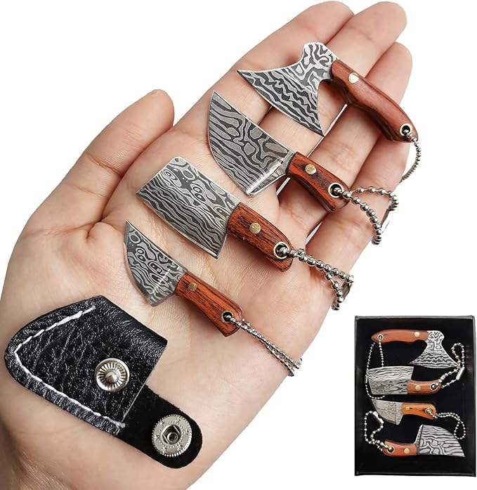 STARDW Damascus Pocket Knife Set, EDC Knife with Sheath,Mini Chef Keychain Knife Set, Tiny Things for Box Cutter Letter Opener Package Opener, Cool Gadgets EDC Tools -Set of 4