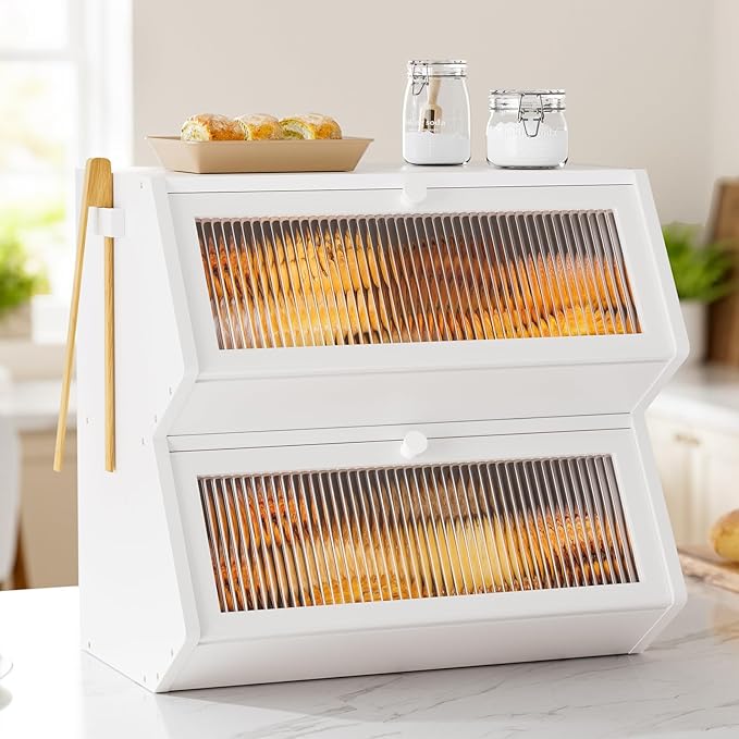 WOWLIVE Double Layer Bread Box for Kitchen Countertop, Large Bamboo Bread Storage Container for Homemade Bread, Farmhouse Bread Holder for Kitchen Counter Cabinet, Pantry, (White, Extra Large)