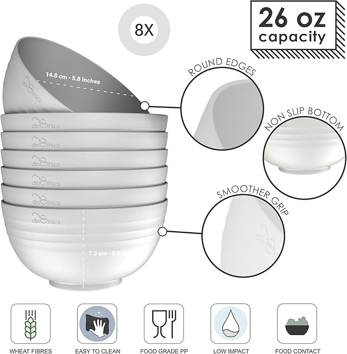 8 Unbreakable Wheat Straw Bowls (26 oz) - Perfect for Cereal, Soup, or Noodles - Dishwasher & Microwave Safe