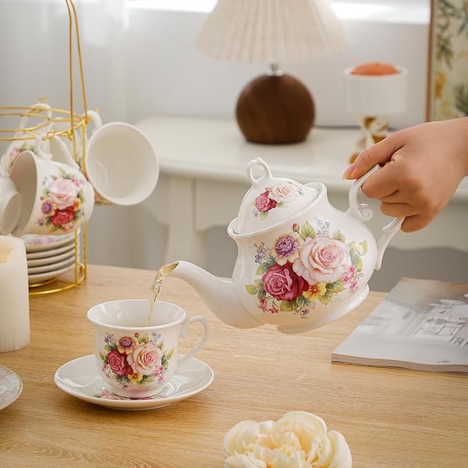 20-Pieces Porcelain Bone china Tea Sets,Gold Rim Coffee Set with Golden Metal Rack,Tea Gift Sets for Home&Party (008)