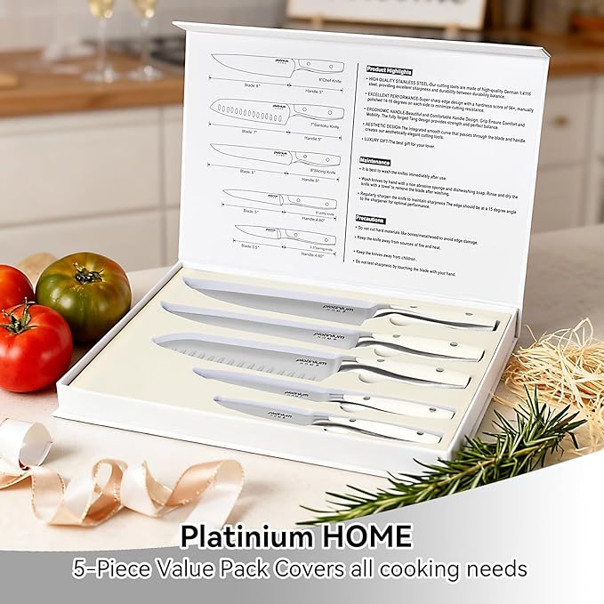 Kitchen Knife Set of 5,Professional Chef knife High Carbon Stainless Steel White Chefs Knives for Home Cooking, Includes Chef, Santoku, Boning, Utility, Peeling Knives with Gift Box
