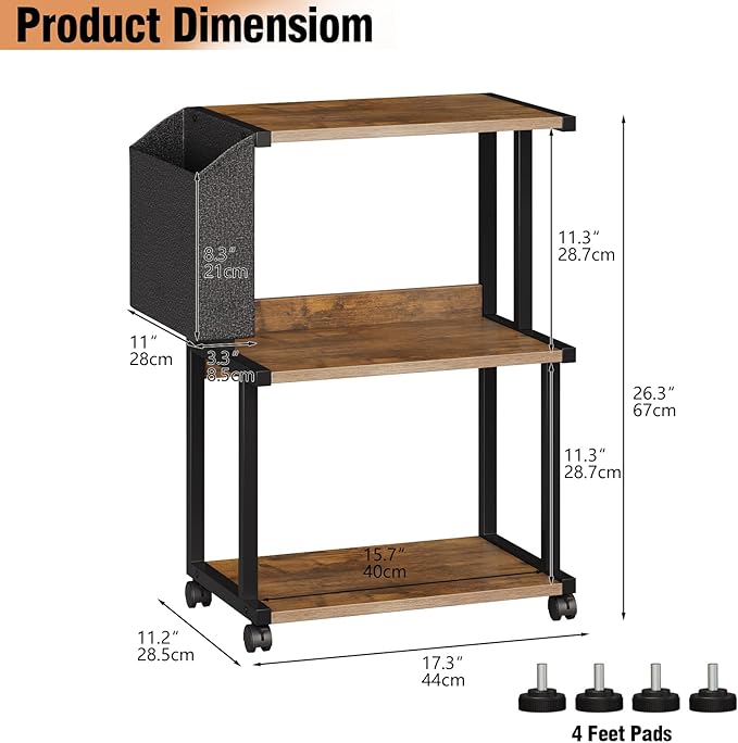 Ostreeful 3 Tier Printer Stand Rustic Brown Printer Mobile Wooden Printer Shelf Table Organizer for Home Office Kitchen