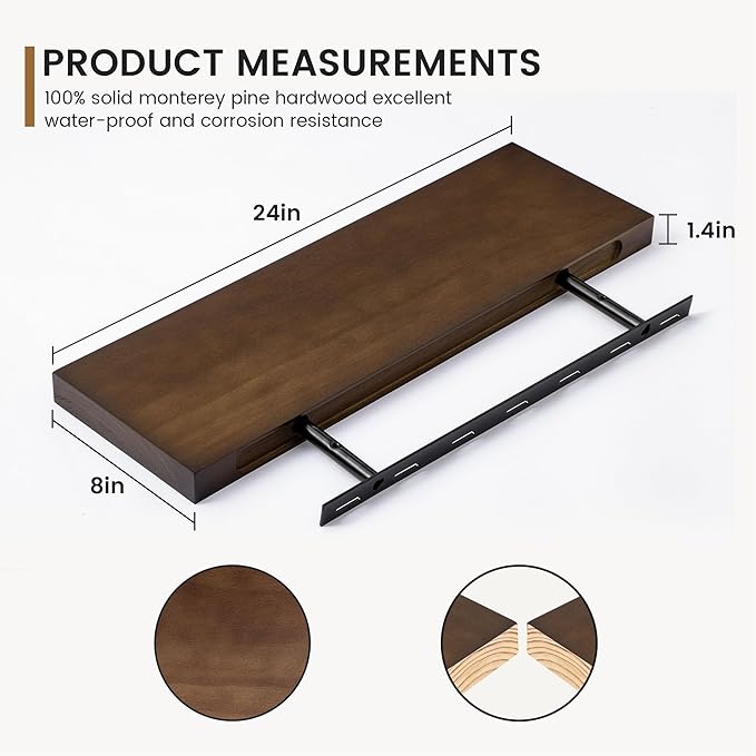 Fun Memories Farmhouse Floating Shelves - 8 Inch Deep Rustic Wood Wall Shelf - Premium Solid Pine Wood Storage Shelf for Kitchen Living Room Bedroom - 24" W x 8" D - Set of 2 - American Walnut Color