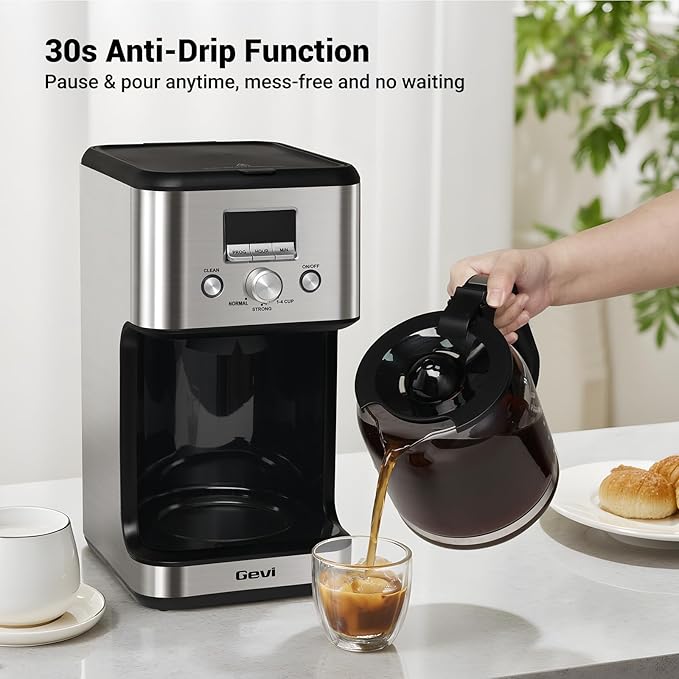 Gevi 14-Cup Drip Coffee Maker, Programmable with Timer for Home & Office, 2-Hour Warm, Pause & Serve, Glass Carafe