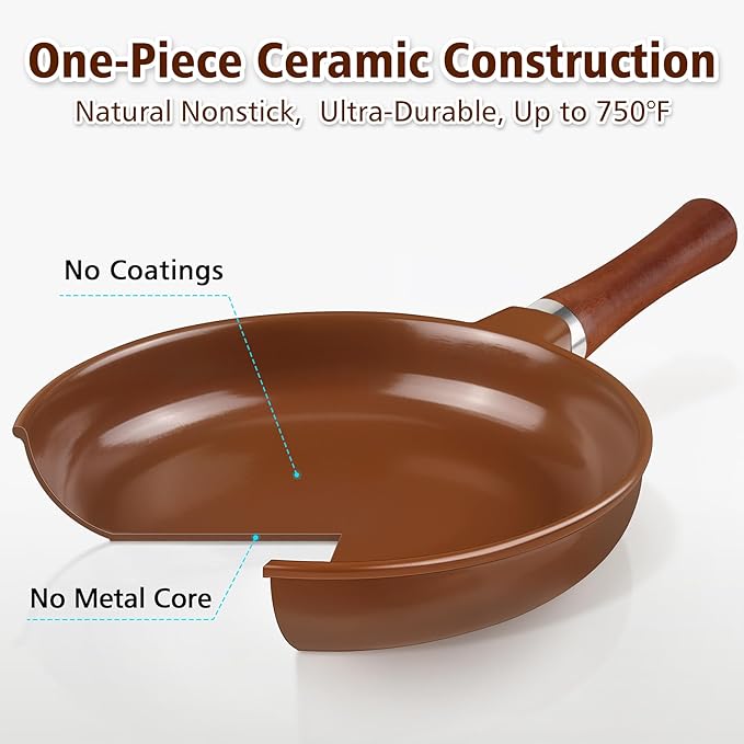 Pure Ceramic Frying Pan Skillet, One-Piece Construction Ensures No Coatings & No Metal, SGS-Certified Non-Toxic, Naturally Nonstick for All Cooktops, 10-inch (Brown)