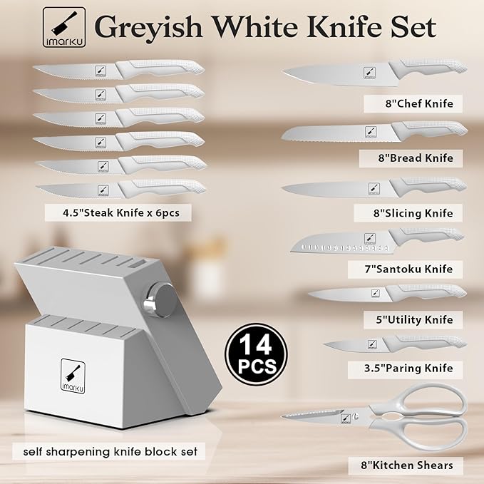 imarku Kitchen Knife Set, Japanese Knives Set For Kitchen, Stainless Steel Knife Set With Block, Kitchen Gadgets, White, Anti-Slip Handle, Dishwasher Safe, Christmas Gift