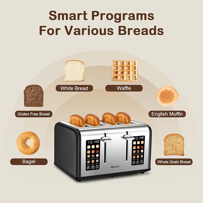 Mecity 4 Slice Toaster with Touch Screen Control, 4 Wide Slots, Stainless Steel Smart Bread Toaster for Bagels, Muffins, Waffles, Dual Control Panel, Timer, Defrost, Reheat, 120V 1650W, Matt Black