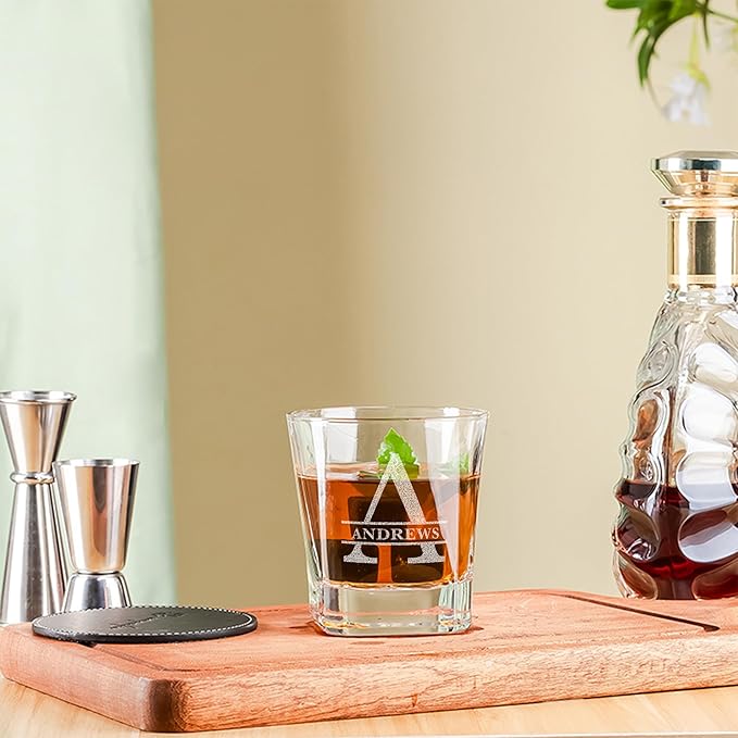 Personalized Name Monogram Whiskey Glass Gift Set - 4 Designs Custom Gift For Him - Personalized Bourbon Cup - 11 oz Engraved Monogram Scotch Glass in Wooden Box - Whiskey Gifts For Men