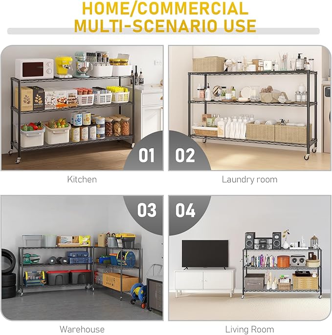 Karl home 3-Tier Adjustable Metal Storage Shelves, Wire Shelving Unit with Wheels & Leveling Feet, Heavy Duty Garage Shelving, Pantry & Kitchen Display Shelf Organizer, Home Storage Rack