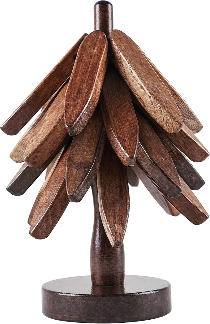 Wooden Trivets for Hot Dishes, Tree-Shaped Wooden Trivet Set, Includes 4 Trivets with Stand, Beech Wood (Walnut)
