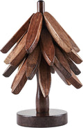 Wooden Trivets for Hot Dishes, Tree-Shaped Wooden Trivet Set, Includes 4 Trivets with Stand, Beech Wood (Walnut)