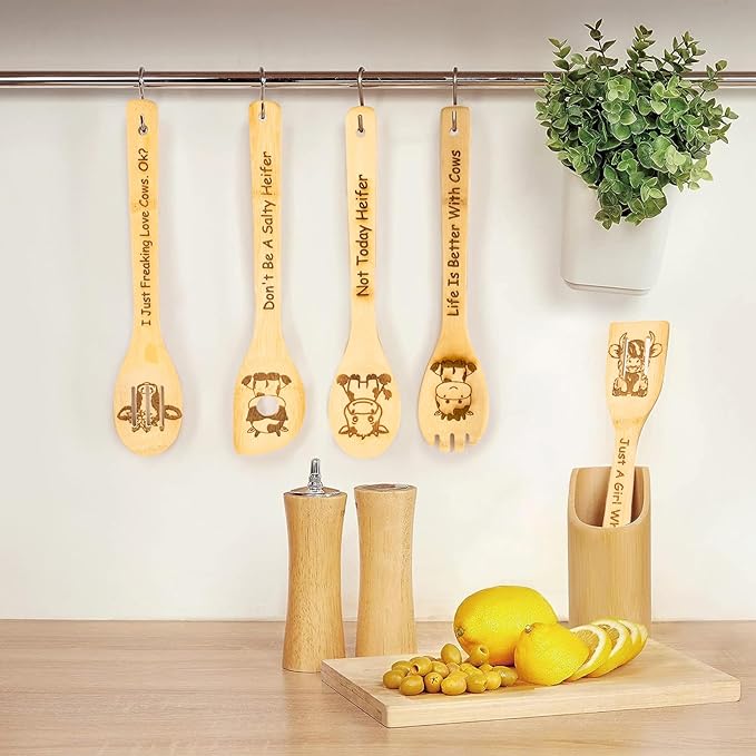 5PCS Cow Wooden Cooking Spoons Cow Gifts Cow Decor Cow Gifts for Women Cow Kitchen Decor Gifts for Cow Lovers Cow Stuff Party Favors Housewarming Wedding Cooking Bamboo Cooking Spoons