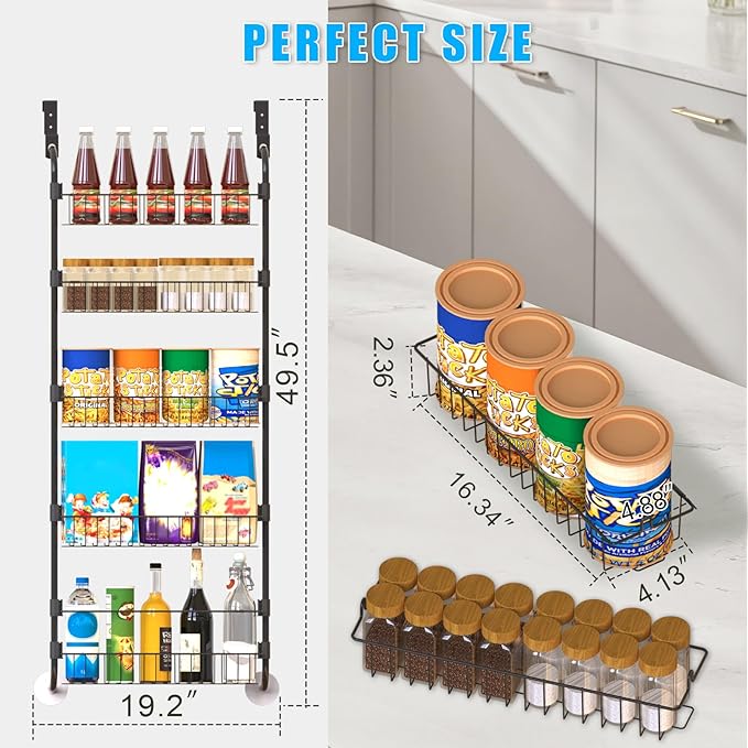 Black Over the Door Pantry Organizer 5 Tier, Adjustable Basket Pantry Door Organizer and Storage, Heavy Duty Metal Kitchen Hanging Spice Rack (D5xW19xH50 Inches)