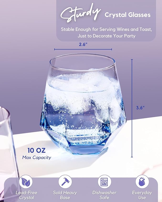 ColoVie Stemless Wine Glasses Set of 6, Cocktail Glasses, Diamond Shaped Wine Glasses for White or Red Wine, Unique Colorful Drinking Glasses,10 oz Easy Hold, Cute, Dishwasher Safe
