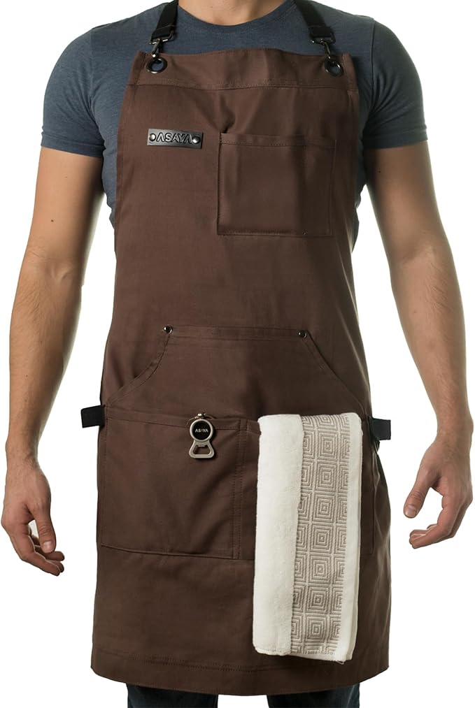 Asaya Chef and BBQ Apron with Bottle Opener and Hand Towel - 10oz Cotton Canvas, Stainless Steel Hardware - Cross Back Straps