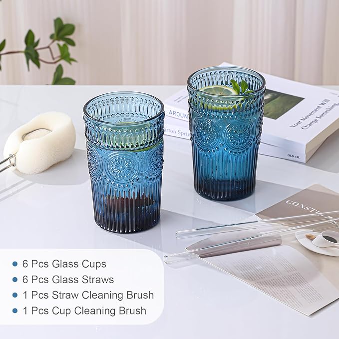 Vintage Glassware Drinking Glasses Set of 6,13 oz Blue Textured Flower Design Glass Water Tumblers，Embossed Striped Drinkware for Water,Cocktails,Juice,Iced Coffee