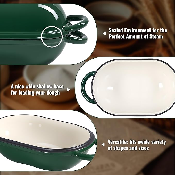 5 QT Oval Dutch Oven for Bread Baking, Enamelled Cast Iron Bread Oven for Sourdough, Sourdough Loaf Pan with Lid, Heavy-Duty Non Stick Bread Pan for Homemade Bread Baking, Green