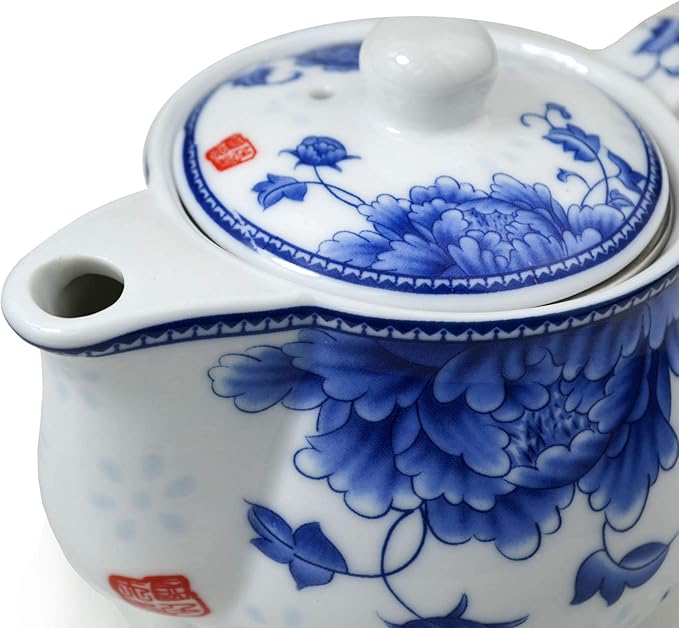 Small Teapot 9oz Blue and White Porcelain Tea Pot with Stainless Steel Infuser Classical Chinese Penoy Flower (Peony)