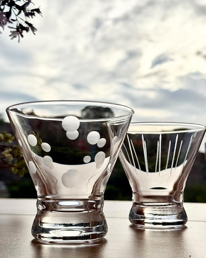 Etched Martini Glasses Set of 4 - Crystal Cocktail Glasses, Stemless Martini Glass for Bar, Martini, Cosmopolitan, Manhattan, Gimlet, Pisco Sour Brandy, Margarita Glasses, Dessert Cups, 8oz