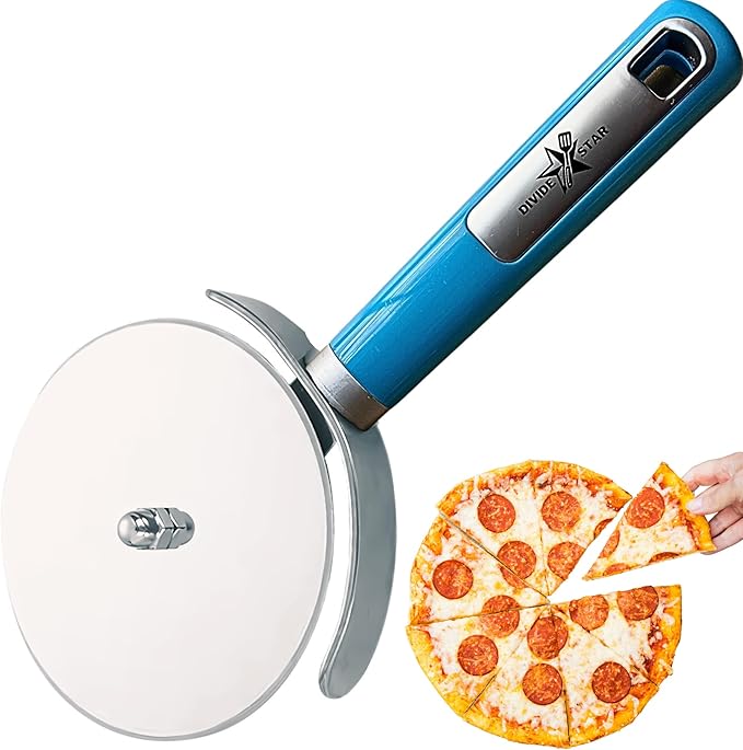 Pizza Cutter Wheel 4” – Sharp Stainless Steel Blade for Effortless Slicing – Ergonomic Grip, Dishwasher Safe – Professional Pizza Slicer for Thick Crust, Flatbreads, Dough – DIVIDESTAR (Blue)