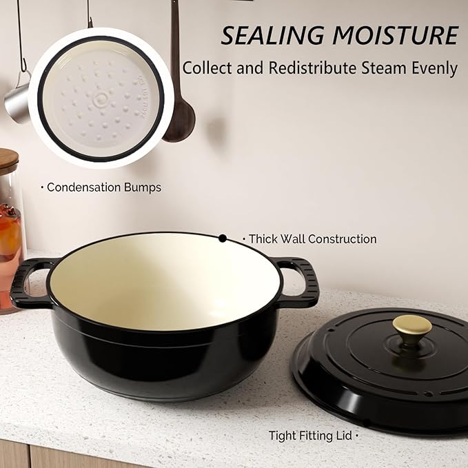 VINGLI 6QT Enameled Cast Iron Round Dutch Oven Pot with Lid, NonStick Casserole Pot with Dual Handles & Silicone GlovesRed, Oven Safe up to 500°F or on Stovetop, Dutch Oven for Bread Baking, Black