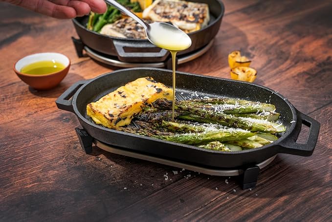 ooni Cast Iron Grizzler Pan - Grill Frying Pan, 12" x 6" Griddle Plate with Removable Handle and Stainless Steel Trivet, Pre-Seasoned Non-Stick Oven Safe Cookware, Pizza Oven and BBQ Accessories
