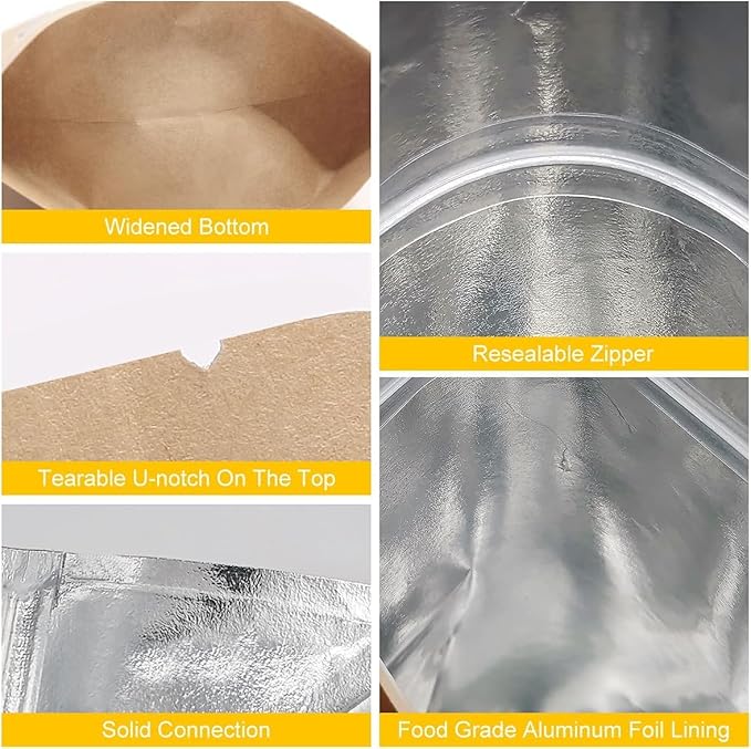 SumDirect Kraft Stand Up Pouches - 100 Pack Self-Sealing Zipper Food Storage Reusable Bags with Foil Lined for Home or Business (7x12 Inch,100PCS)