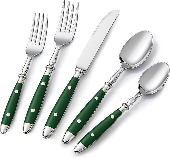 20-Piece Silverware Set, 304 Riveted Stainless Steel Flatware Set, Service for 1, Vintage Cutlery Set with Green Bakelite Handle, Mirror Polished | Rustic | Dishwasher Safee