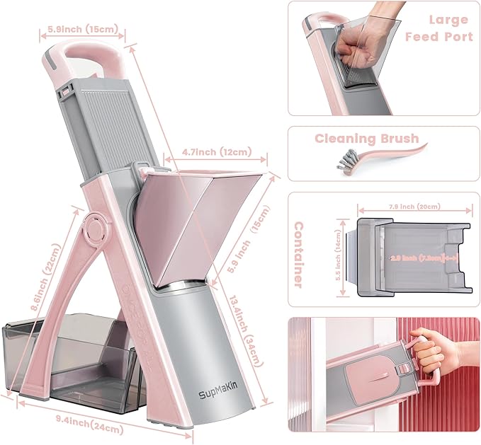 Upgrade Safe Mandoline Slicer Plus for Kitchen, SupMaKin Bigger Port Vegetable Food Potato Chopper, Adjustable Thickness, Julienne & Dicer Salad Making Chopping Artifact (Pink)