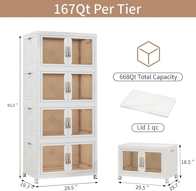 Large Stackable Storage Bins with Lids, 668QT-167QT*4Pack Foldable Cabinet for Closet Organizers, Plastic Storage Containers Box with Wheels