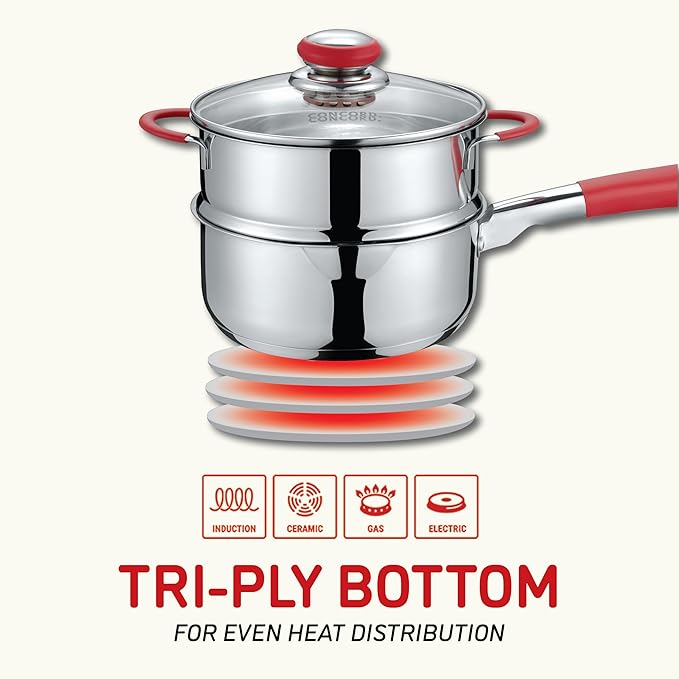 Concord Stainless Steel SIMPLE POUR Saucepan with Steamer Tier. Vented Glass Lid. Features Dual Pouring Spouts and Volume Marking on pot. Perfect for making Sauces, Jam, Ramen, and more (2 Quart)